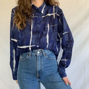 Vintage 80s Blue White Abstract Semi-Sheer Blouse